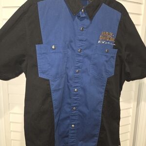 Harley-Davidson Blue and Black Shirt with Gold Accents